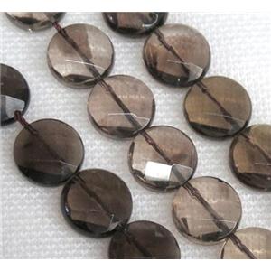 smoky quartz bead, faceted flat round, approx 14mm dia
