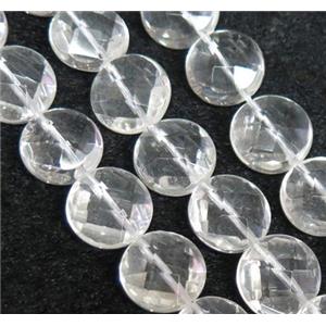 clear quartz bead, faceted flat round, approx 14mm dia
