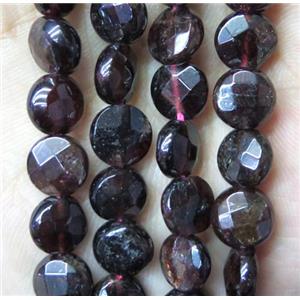 garnet beads, faceted flat-round, dark red, approx 8mm dia