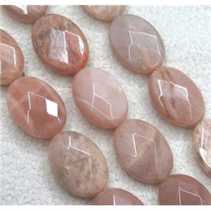 Sunstone bead, faceted flat oval, pink, approx 10x14mm