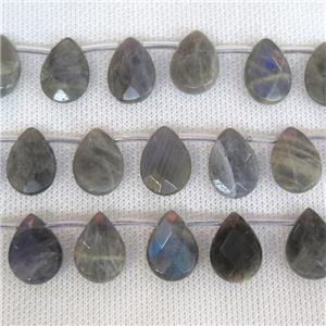 Labradorite beads, AA-grade, faceted teardrop, top-drilled, approx 10x14mm