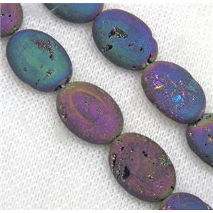 8 inch string of druzy agate oval beads, matte, rainbow electroplated, approx 13x18mm