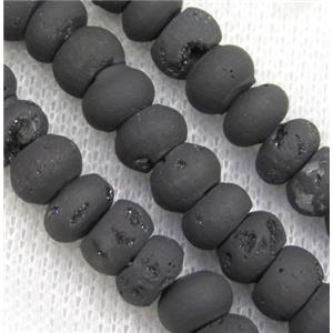 8 inch string of druzy agate rondelle beads, matte, black electroplated, approx 4x6mm