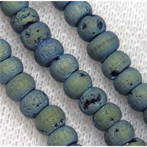 8 inch string of druzy agate rondelle beads, matte, green electroplated, approx 5x8mm