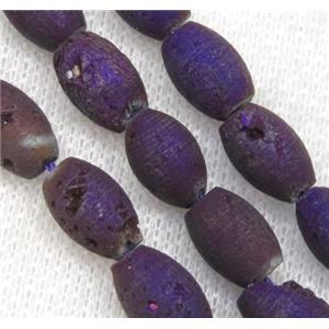 8 inch string of druzy agate rice beads, matte, purple plated, approx 8x12mm