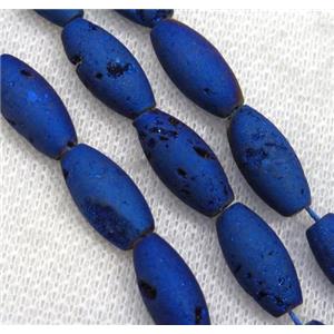 8 inch string of druzy agate rice beads, matte, blue electroplated, approx 8x12mm