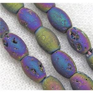 8 inch string of druzy agate rice beads, matte, rainbow electroplated, approx 8x12mm