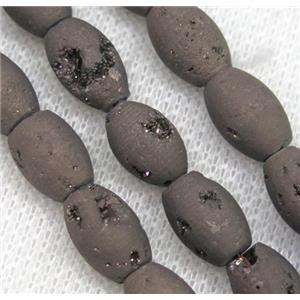 8 inch string of druzy agate rice beads, matte, coffee plated, approx 8x12mm