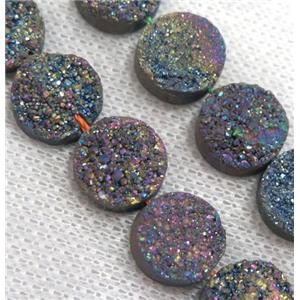 rainbow druzy Quartz bead, flat round, approx 12mm dia, 16pcs per st