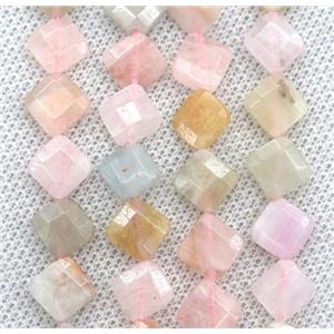 Morganite beads, faceted square, approx 8x8mm