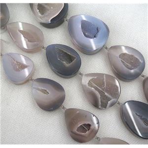 druzy agate geode beads, teardrop, gray, approx 30-40mm