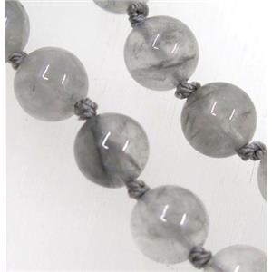 round Chinese Gray Cloudy Quartz Beads Knot Necklace Chain, approx 8mm dia, 35.5 inch length