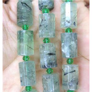 green Prehnite tube beads, faceted, approx 10x14mm