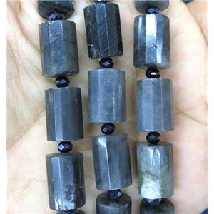 black Labradorite tube beads, faceted, approx 10x14mm