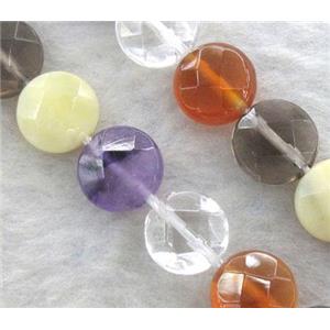 mixed gemstone beads, faceted flat round, approx 8mm dia, 15.5 inches