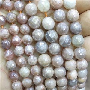 faceted round peach SunStone beads, electroplated, approx 12mm dia