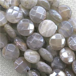 gray MoonStone beads, faceted flat-round, AB color plated, approx 10mm dia