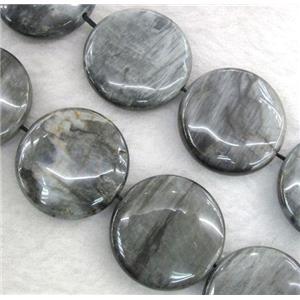 natural hawk Eye Stone beads, flat-round, approx 6mm dia, 15.5 inches