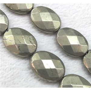 pyrite bead, faceted flat oval, approx 8x10mm, 15.5 inches