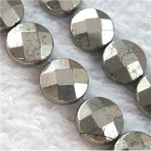 natural pyrite beads, faceted flat-round, approx 12mm dia