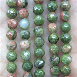 tiny Unakite beads, green, faceted round, approx 4mm dia