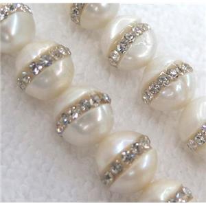 white pearl shell beads, paved rhinestone, approx 9-10mm dia