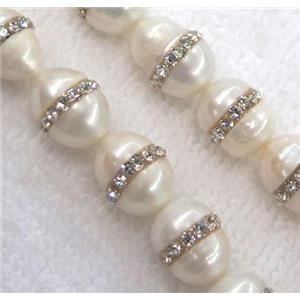 white freshwater pearl bead, paved rhinestone, rice-shaped, approx 10-12mm