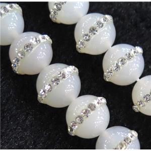 white Agate beads, paved rhinestone, round, approx 12mm dia