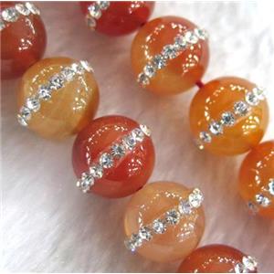 red agate beads with rhinestone, round, approx 12mm dia, 15.5 inches