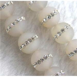 white agate beads with rhinestone, round, matte, approx 8mm dia, 15.5 inches