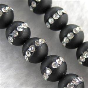 round black agate beads paved rhinestone, matte, approx 8mm dia, 15.5 inches