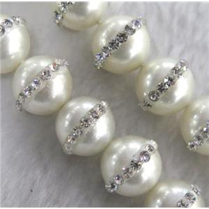 peral shell beads with rhinestone, round, white, approx 10mm dia, 15.5 inches