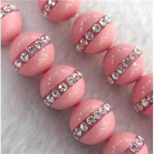 peral shell beads paved rhinestone, round, pink, approx 10mm dia, 15.5 inches