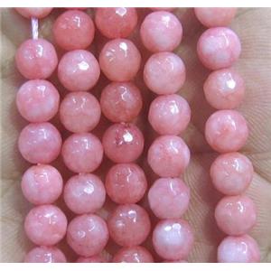 Jade Beads, faceted round, pink dye, approx 6mm dia