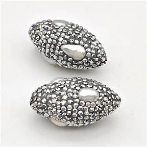 white pearl beads paved silver rhinestone, oval, approx 19-33mm