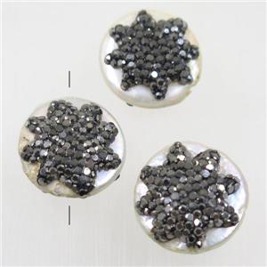 freshwater pearl beads paved rhinestone, coin round, approx 18mm dia