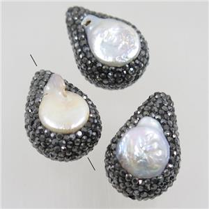 freshwater pearl beads paved rhinestone, teardrop, approx 18-28mm