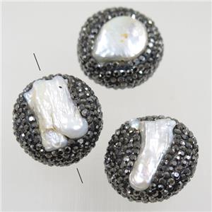 freshwater pearl beads paved rhinestone, coin round, approx 23mm dia