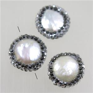 freshwater pearl beads paved rhinestone, coin, approx 15mm dia