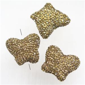 resin butterfly beads paved yellow rhinestone, approx 22-25mm
