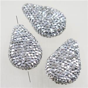 resin teardrop beads paved silver rhinestone, approx 20-28mm