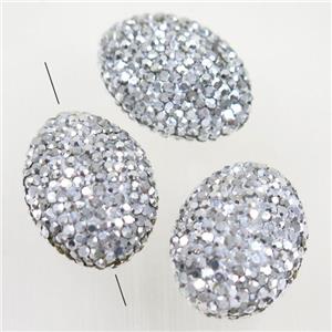 Resin oval beads paved silver rhinestone, approx 18-25mm