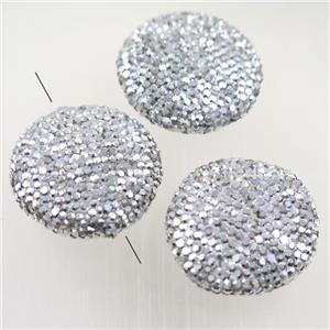 Resin beads paved silver rhinestone, flat round, approx 30mm dia