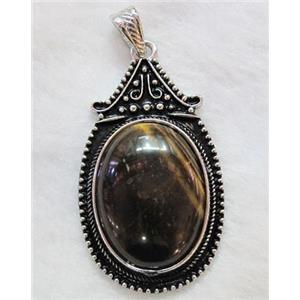 Tigers Eye Stone Oval Pendant Alloy Antique Silver, approx 30x55mm, 22x30mm stone