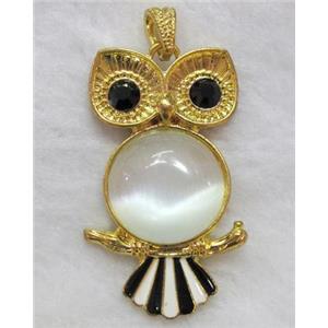 gemstone pendant, owl charm, cat eye cabochon, approx 29x49mm, 20mm stone
