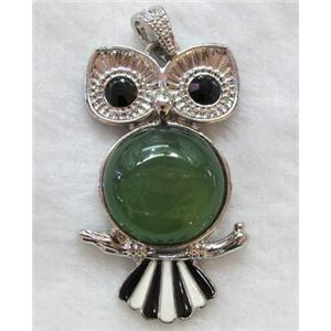 gemstone pendant, owl charm, green Aventurine, approx 29x49mm, 20mm stone
