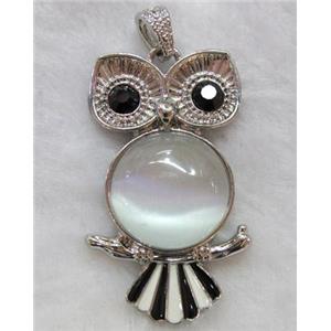gemstone pendant, owl charm, cat eye cabochon, approx 29x49mm, 20mm stone