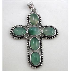 gemstone pendant, cross, green aventurine, antique silver, approx 55x71mm, 10x14mm stone
