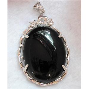 black onyx pendant, oval, platinum plated, approx 37x56mm