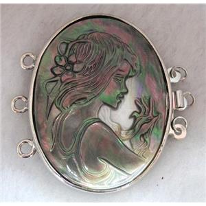 Victorian Lady Portrait Cameo, black shell connector for necklace, bracelet, platinum plated, approx 33x42mm